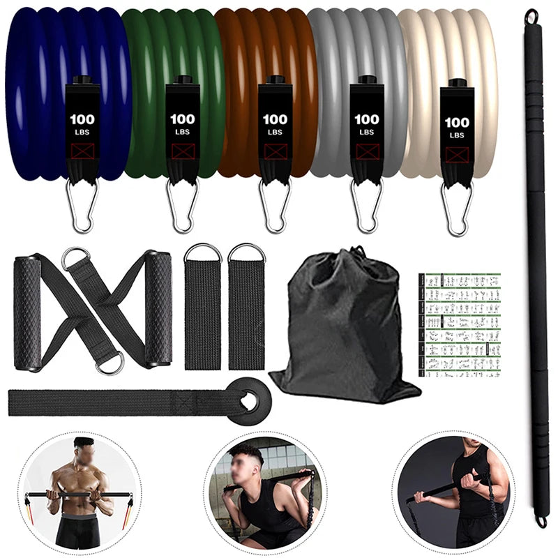 Non-Slip Fitness Stick 500LBS Elastic Bands for Fitness Pilates Bar Kit Resistance Bands Detachable Workout Bar Exercise Bands