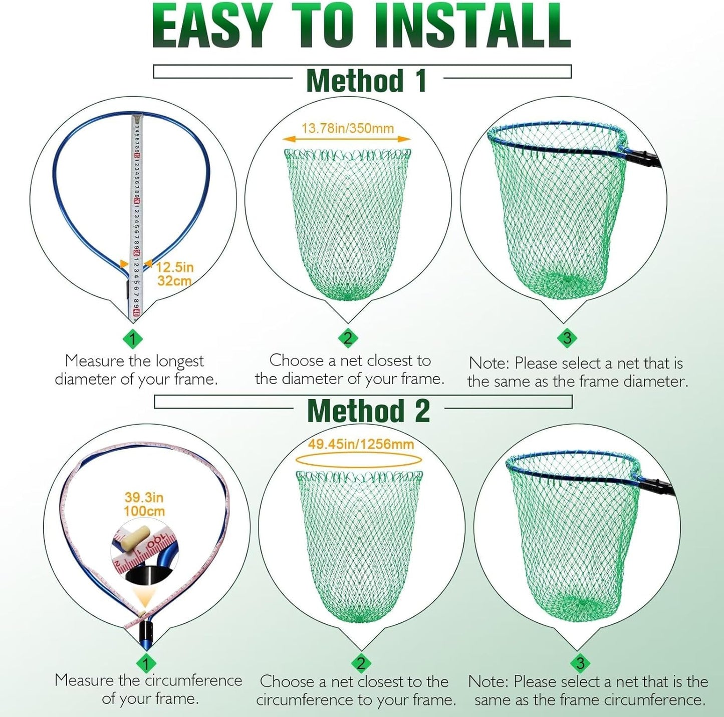 Fishing Net Fish Landing Net Foldable Fishing Replacement Net for Freshwater Saltwater Fishing Net Replacement Netting Green/Black 2 Colors Handle/Frame Not Included