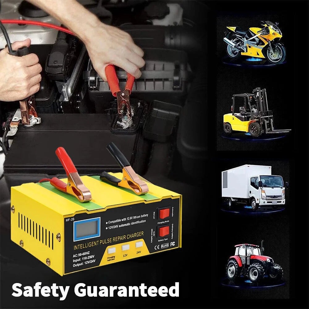 12V 24V Battery Charger, Intelligent Lead Acid Battery Charger with LED Display 5 Charge Stages, Yellow