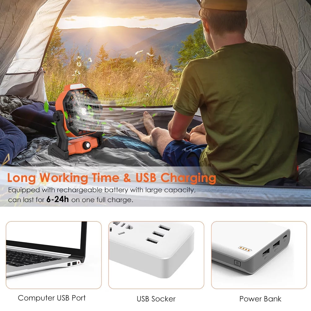 Camping Fans for Tent 10 Inch Stepless USB Rechargeable Fan 5000Mah Battery with Outdoor LED Light, 270° Rotation, for Office,Bedroom,Outdoor