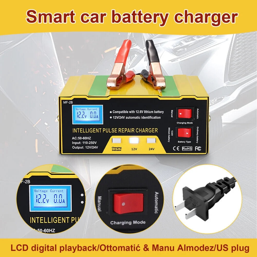 12V 24V Battery Charger, Intelligent Lead Acid Battery Charger with LED Display 5 Charge Stages, Yellow