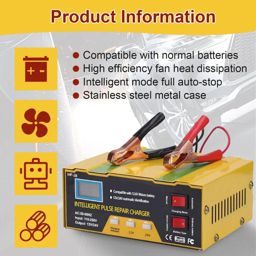 12V 24V Battery Charger, Intelligent Lead Acid Battery Charger with LED Display 5 Charge Stages, Yellow