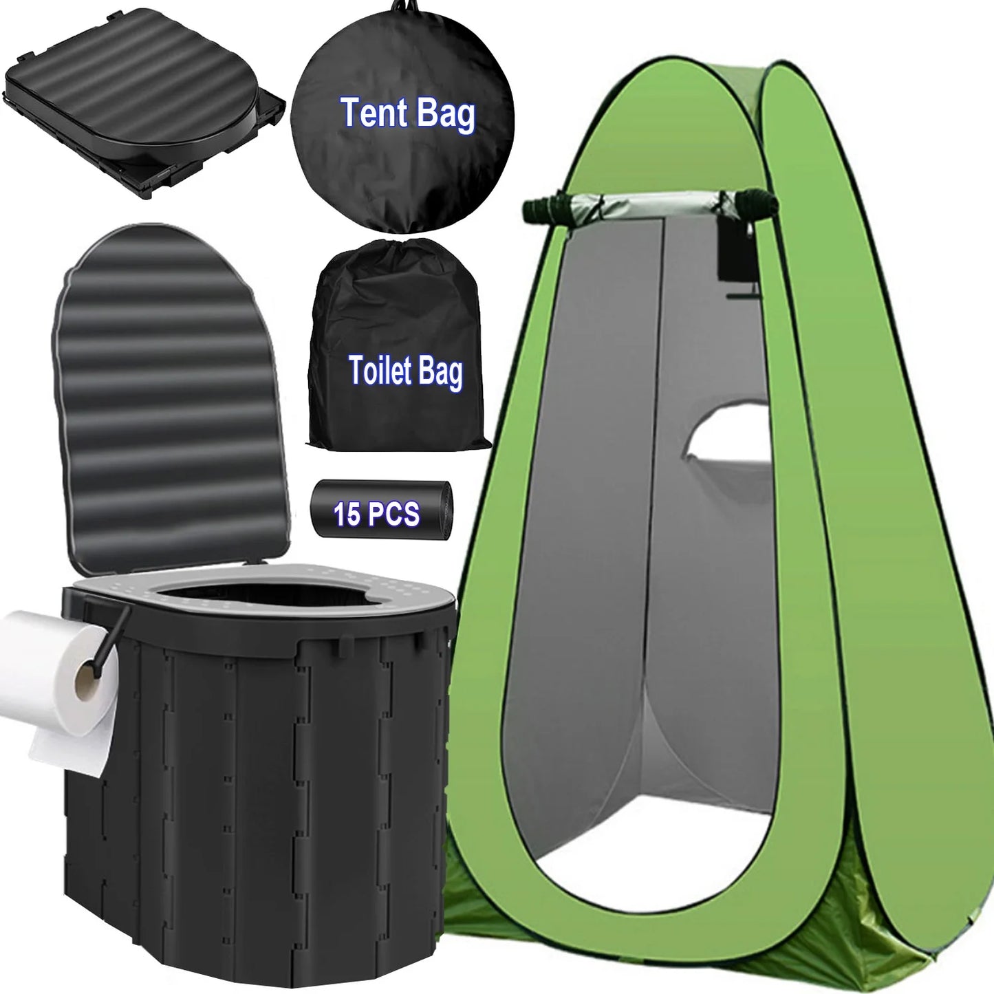 Portale Foldable Camping Toilet Set with Privacy Tent, Black