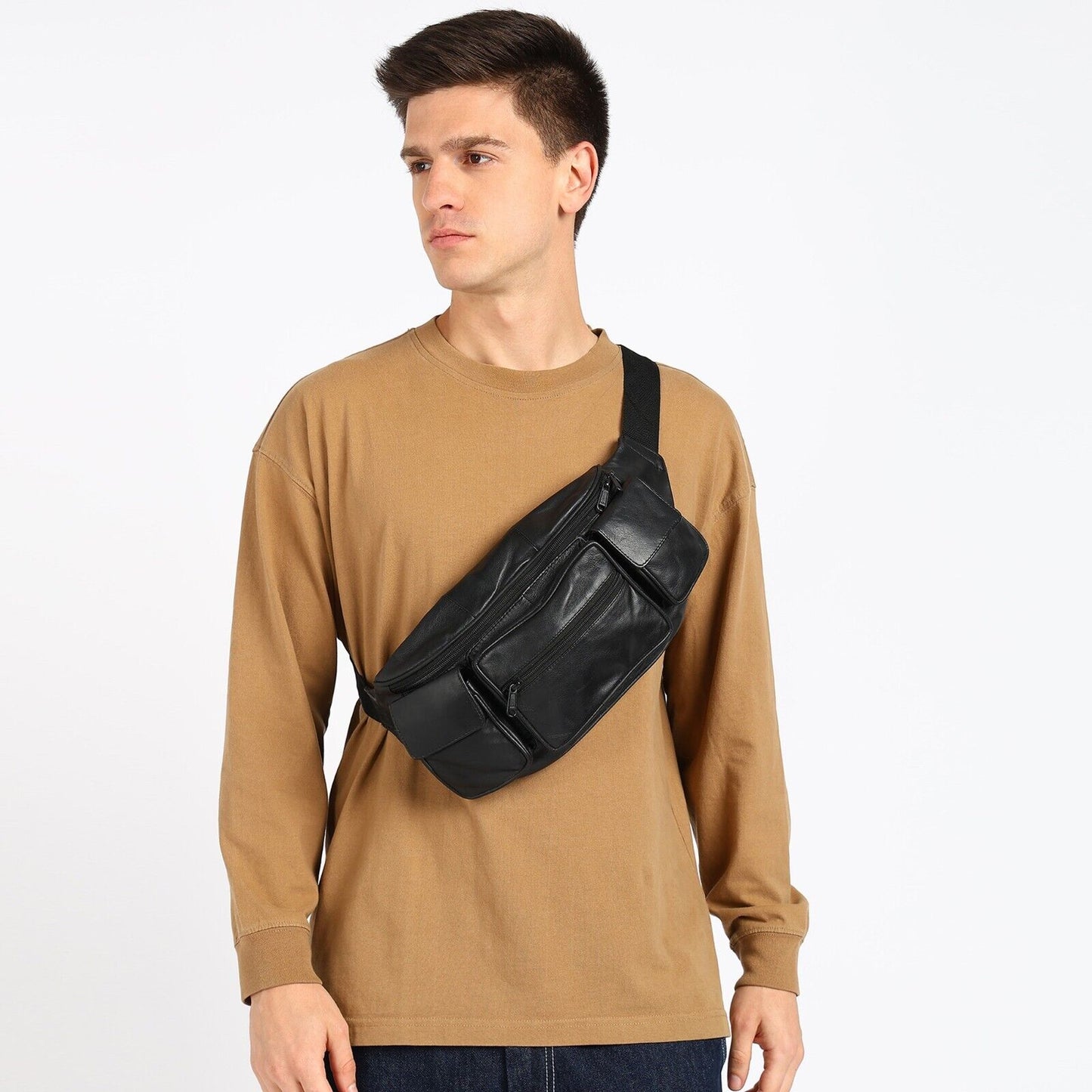 Leather Fanny Pack Belt Waist Pouch Hip Travel Purse Large Mens Womens Black