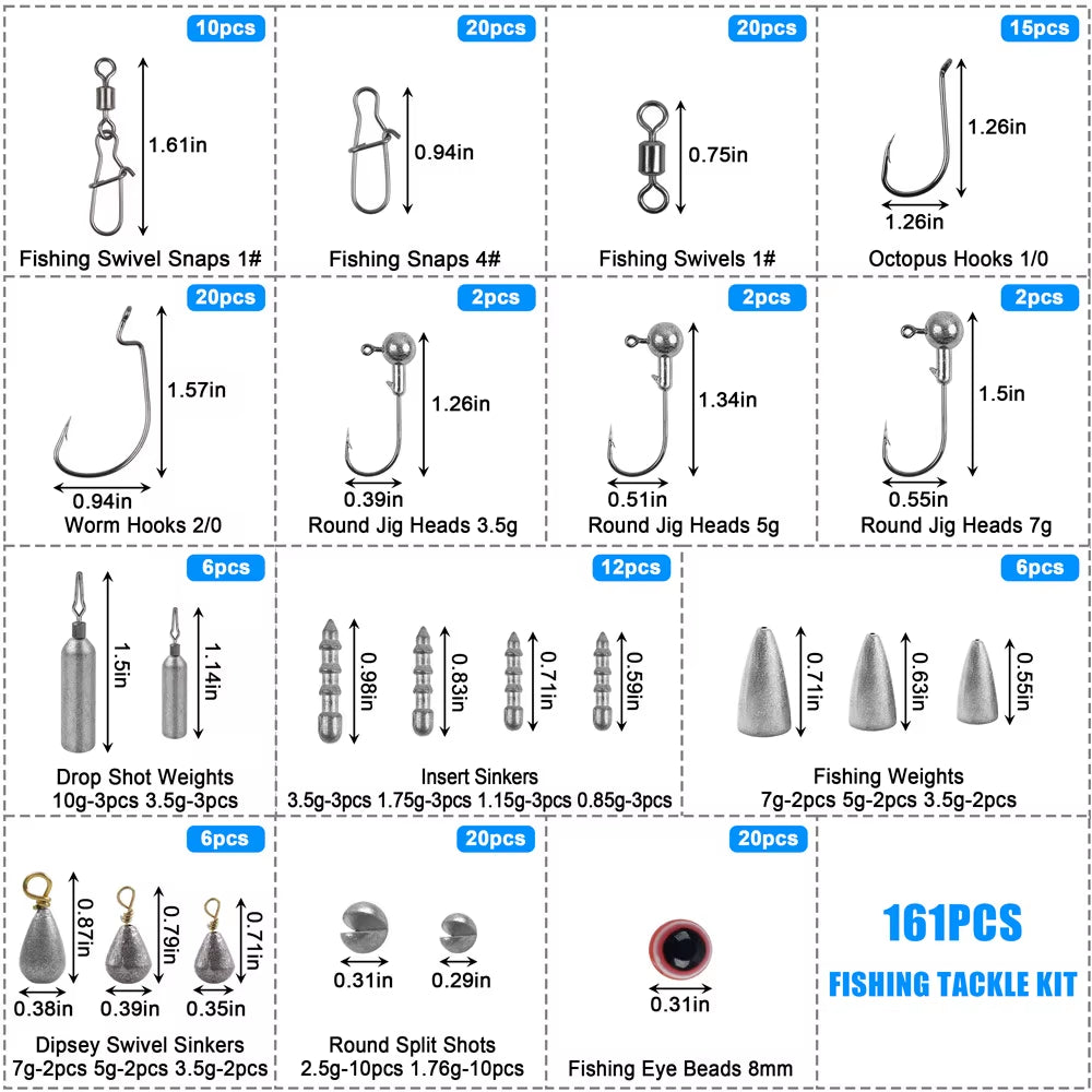 161Pcs Fishing Accessories Kit Fishing Tackle Box Jig Head Hooks Rolling Swivels Fishing Weight for Bass Trout Fishing Equipment