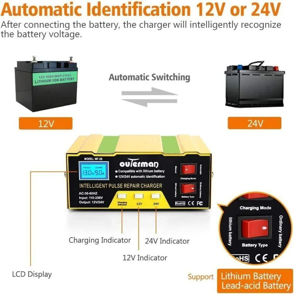 12V 24V Battery Charger, Intelligent Lead Acid Battery Charger with LED Display 5 Charge Stages, Yellow