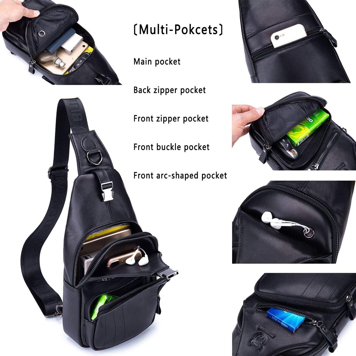 Cross Body Bags for Men Leather Sling Bag Casual Daypacks Chest Bags Shoulder Bag Travel Hiking Backpacks