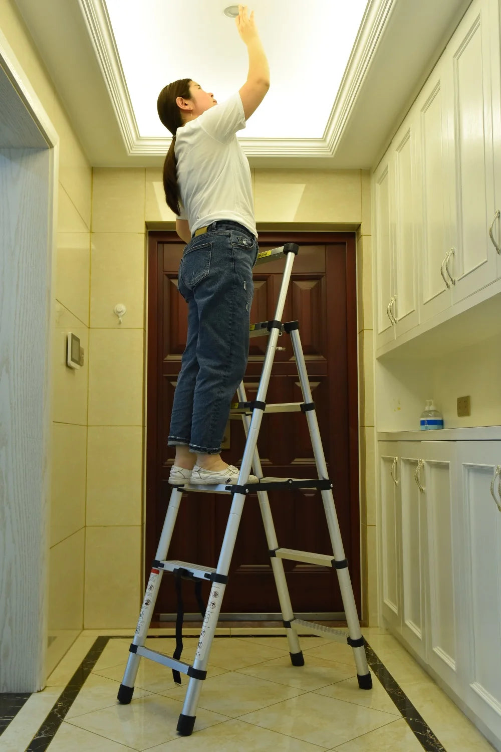 Aluminum Folding Ladder Lightweight A-Frame Ladder Extension Telescopic Ladder Portable Safety Ladder,4+5/5+6/6+7 Step Ladder