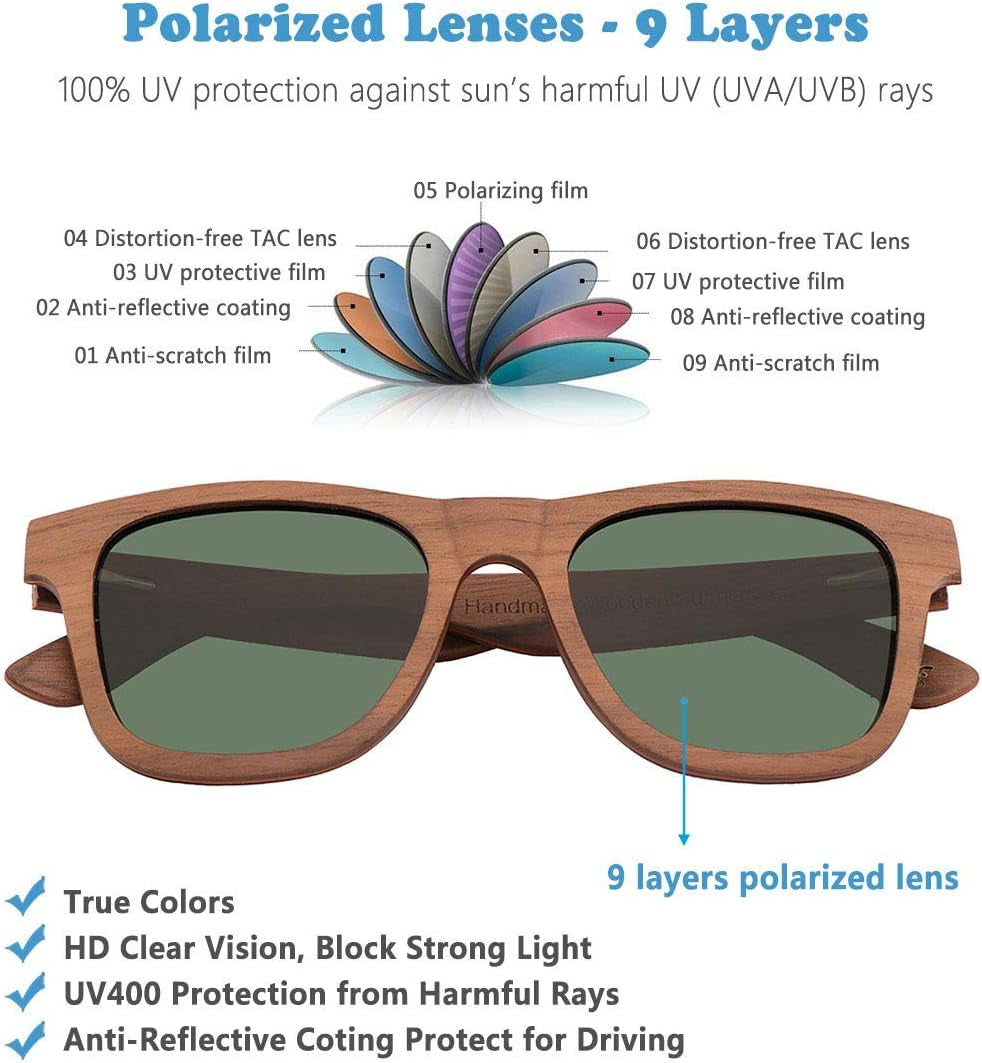 Polarized Wood Sunglasses Men, Wooden Bamboo Sunglasses for Women