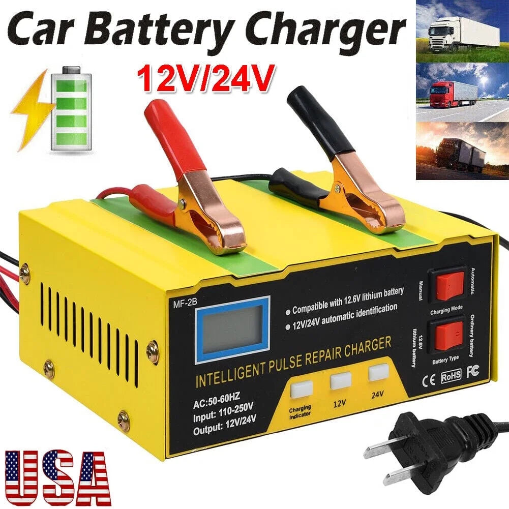 12V 24V Battery Charger, Intelligent Lead Acid Battery Charger with LED Display 5 Charge Stages, Yellow