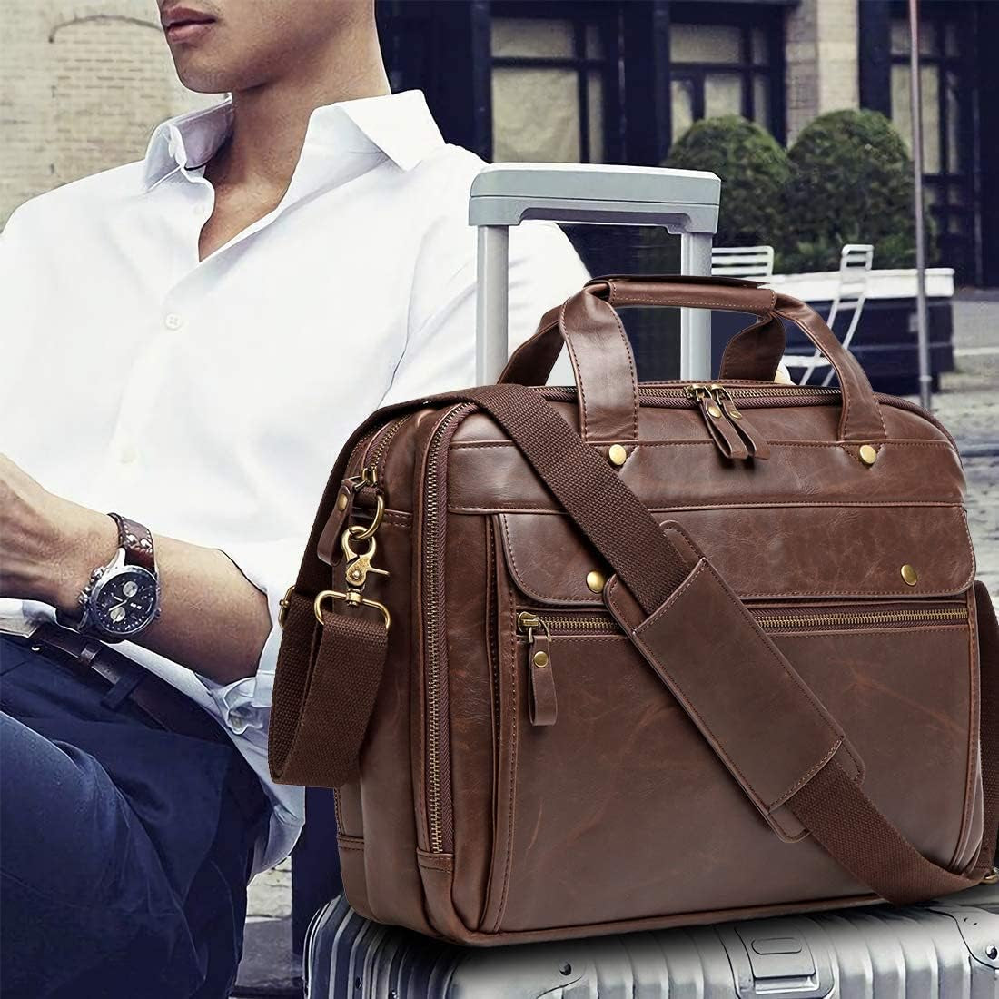 Leather Briefcase for Men 15.6 Inch Waterproof Laptop Messenger Bag Large Retro Computer Bag for Business Travel Work Perfect for Daily Use/Gift Choose (Brown)