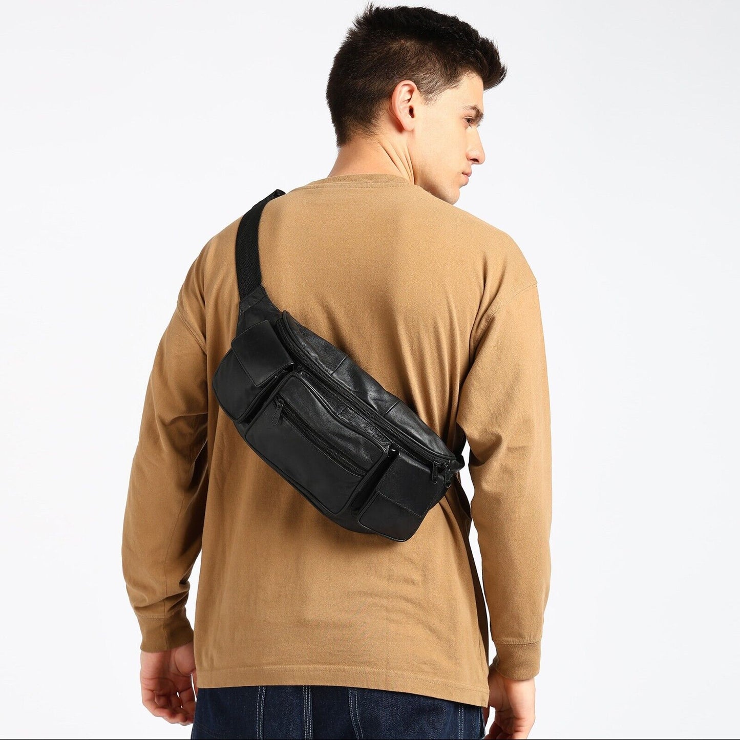 Leather Fanny Pack Belt Waist Pouch Hip Travel Purse Large Mens Womens Black