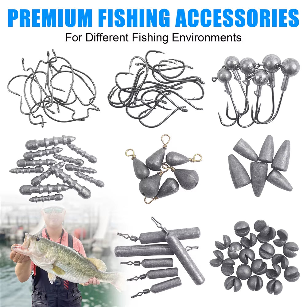 161Pcs Fishing Accessories Kit Fishing Tackle Box Jig Head Hooks Rolling Swivels Fishing Weight for Bass Trout Fishing Equipment