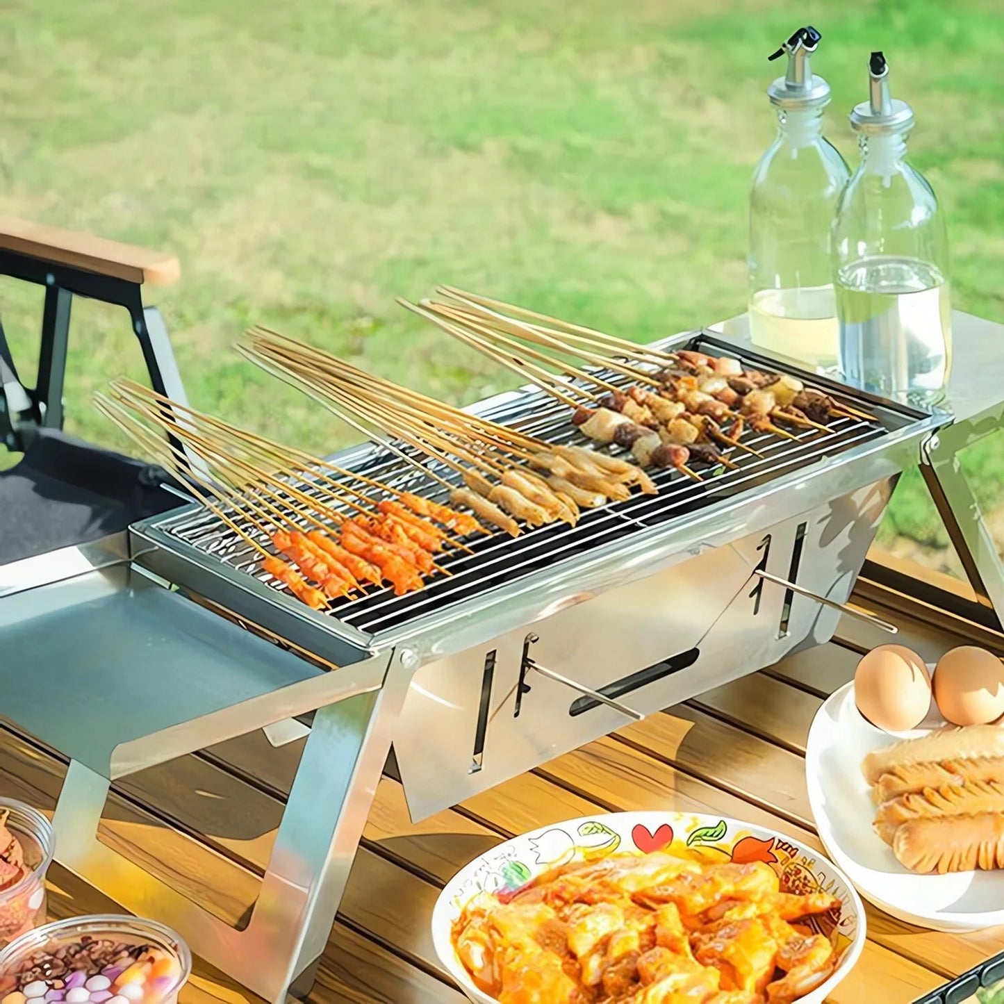 Folding Portable Charcoal Grill, Barbecue Grill with Barbecue Nets, Gloves, Storage Bag for Outdoor Barbecues Camping