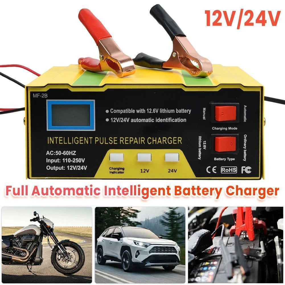 12V 24V Battery Charger, Intelligent Lead Acid Battery Charger with LED Display 5 Charge Stages, Yellow