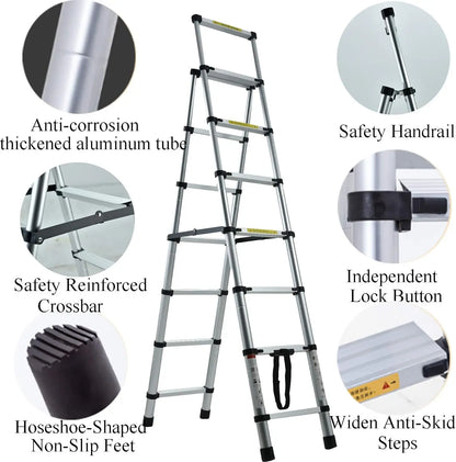Aluminum Folding Ladder Lightweight A-Frame Ladder Extension Telescopic Ladder Portable Safety Ladder,4+5/5+6/6+7 Step Ladder