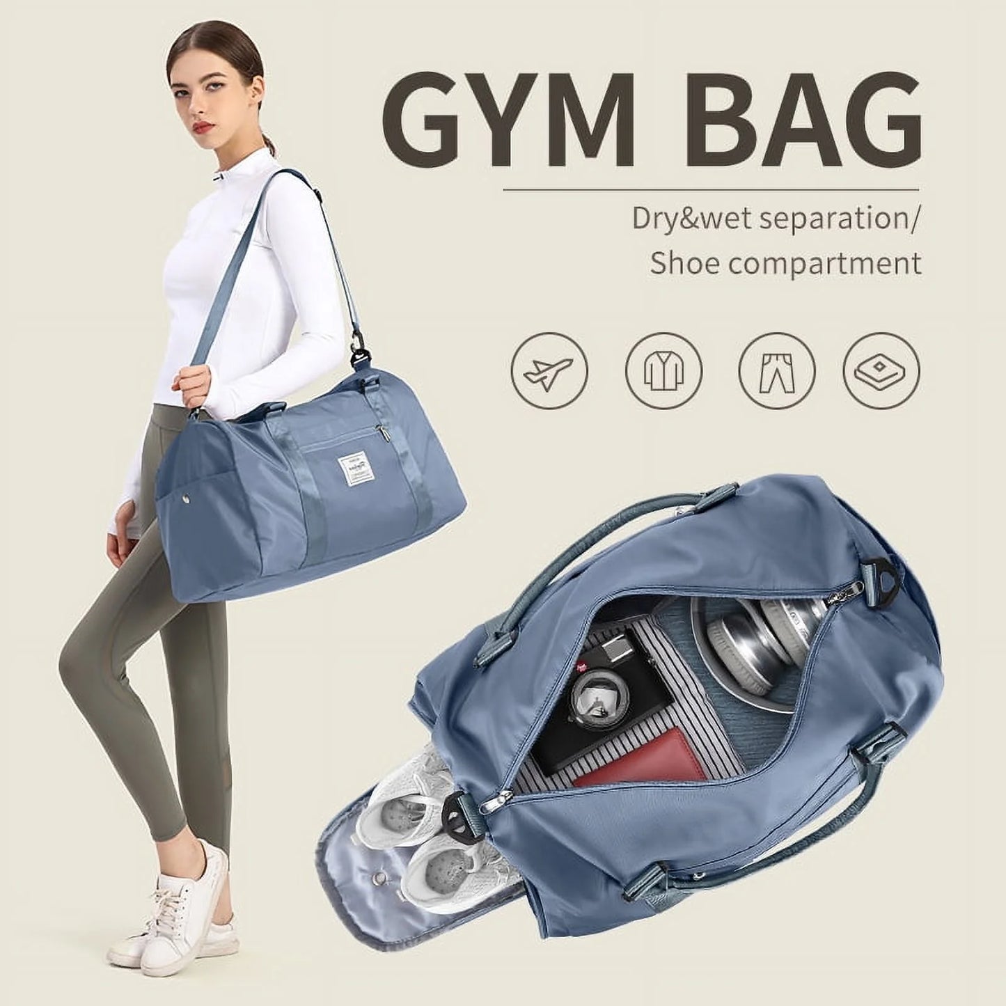 Gym Bag Womens Mens with Shoes Compartment and Wet Pocket,Travel Duffel Bag for Women for Plane,Sport Gym Tote Bags Swimming Yoga,Waterproof Weekend Overnight Bag Carry on Bag Hospital Holdalls