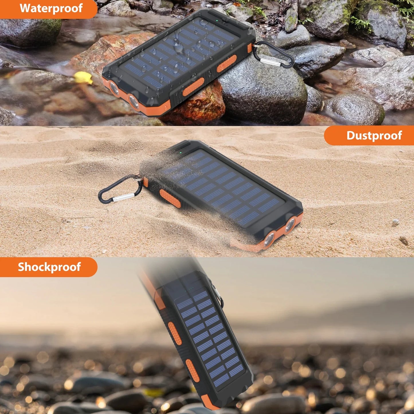 Solar Power Bank, Portable Charger, 20000Mah Solar Charger with LED Flashlight, IP65 Waterproof External Backup Battery Pack Perfect for Camping, Outdoor Activities