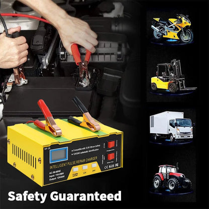 12V 24V Battery Charger, Intelligent Lead Acid Battery Charger with LED Display 5 Charge Stages, Yellow