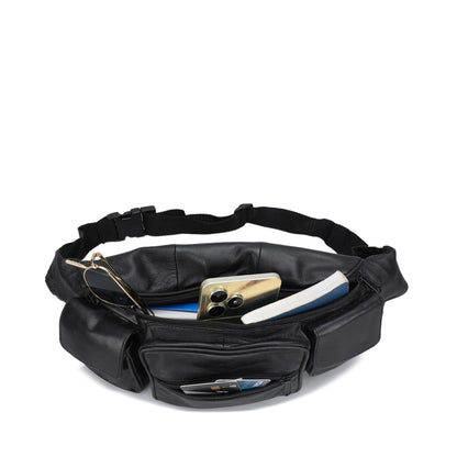 Leather Fanny Pack Belt Waist Pouch Hip Travel Purse Large Mens Womens Black