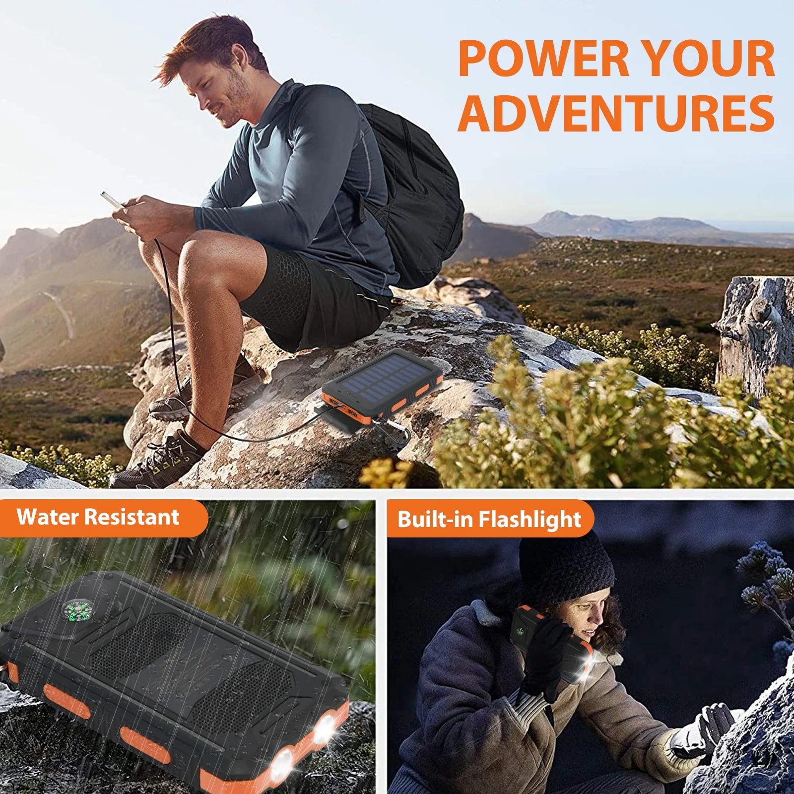 Solar Power Bank, Portable Charger, 20000Mah Solar Charger with LED Flashlight, IP65 Waterproof External Backup Battery Pack Perfect for Camping, Outdoor Activities