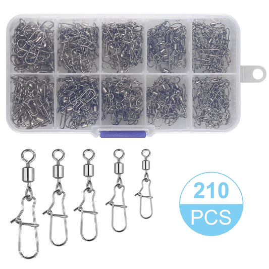 Fishing 210Pieces/Box Fishing Swivel Snap Connectors Size 2 4 5 6 8 High-Strength Fishing Rolling Swivels with Nice Snaps Fishing Tackle Kit (Stainless Steel),#2 #4 #5 #6 #8
