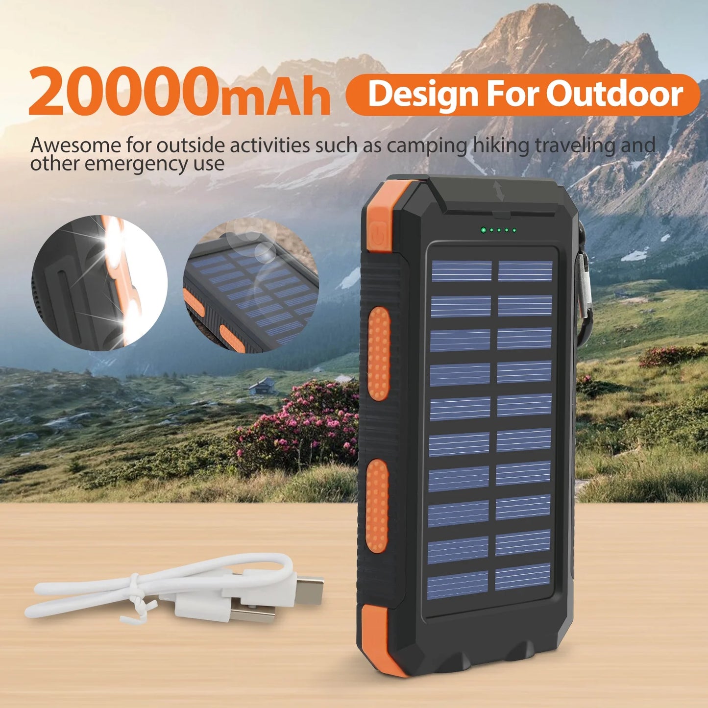 Solar Power Bank, Portable Charger, 20000Mah Solar Charger with LED Flashlight, IP65 Waterproof External Backup Battery Pack Perfect for Camping, Outdoor Activities