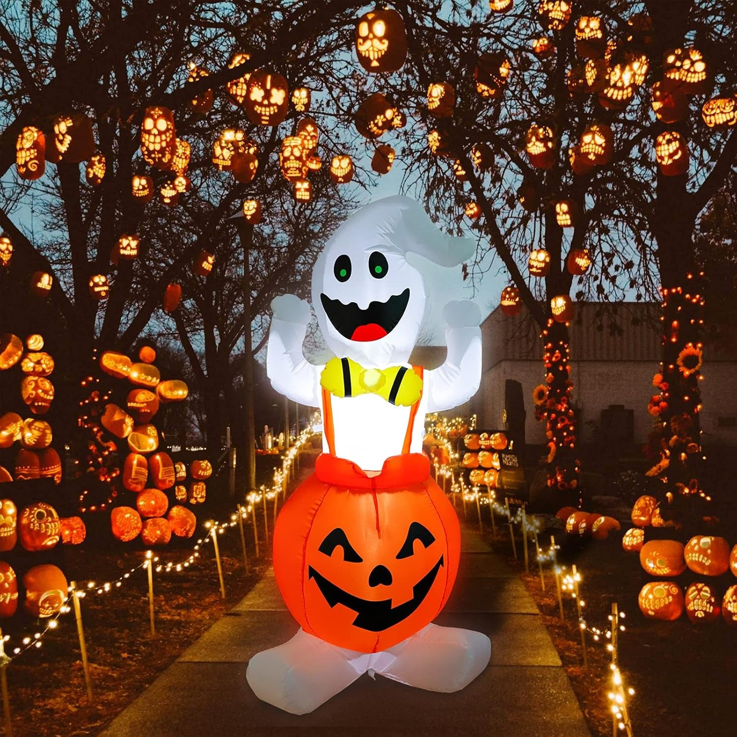 5FT Height Halloween Inflatable Ghost in Pumpkin, Blow up Halloween Decorations with Built-In LED Lights for Indoor/Outdoor Yard Garden Lawn