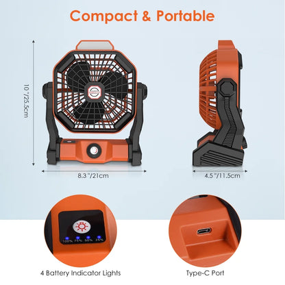 Camping Fans for Tent 10 Inch Stepless USB Rechargeable Fan 5000Mah Battery with Outdoor LED Light, 270° Rotation, for Office,Bedroom,Outdoor