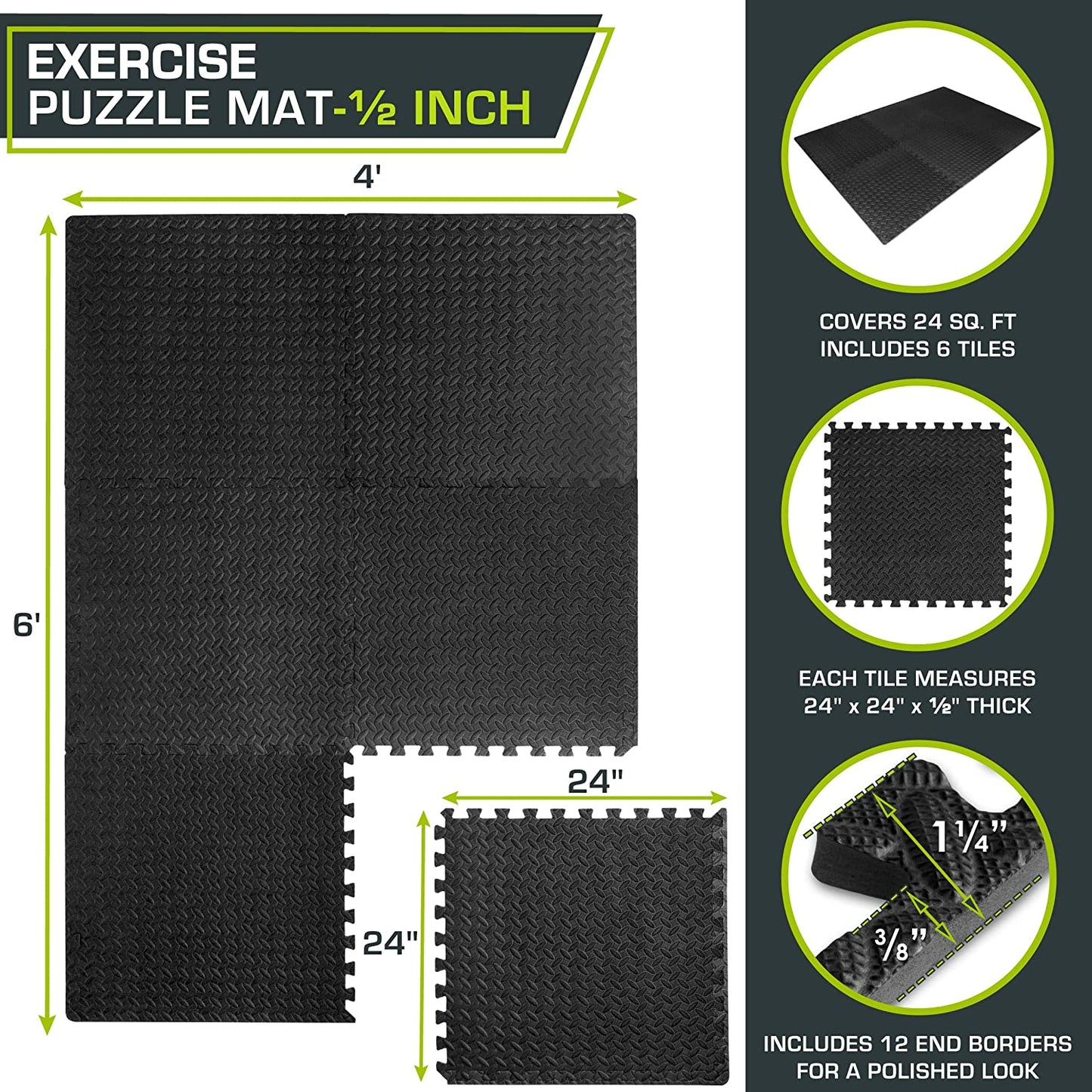 Puzzle Exercise Mat ½ In, EVA Interlocking Foam Floor Tiles for Home Gym, Mat for Home Workout Equipment, Floor Padding for Kids, Blue, 24 in X 24 in X ½ In, 48 Sq Ft - 12 Tiles