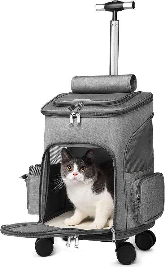 Airline Approved Pet Carrier Backpack with Wheels(Large Space),Rolling Backpack with Durable Handle and Flexible Wheels,Breathable Durable Mesh Panels(Most Airplane Approved)