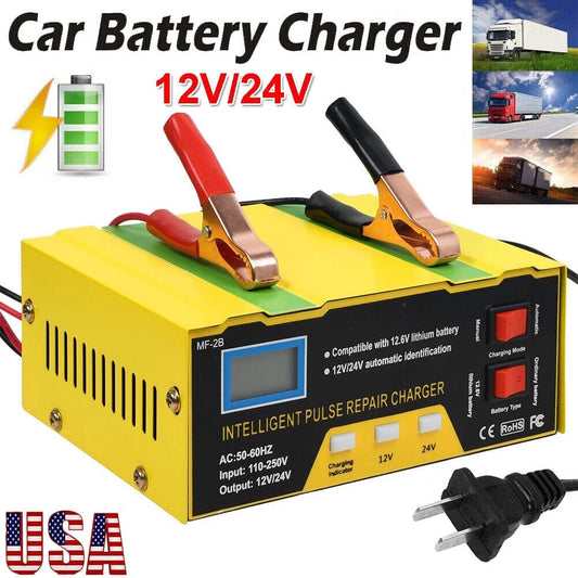 12V 24V Battery Charger, Intelligent Lead Acid Battery Charger with LED Display 5 Charge Stages, Yellow