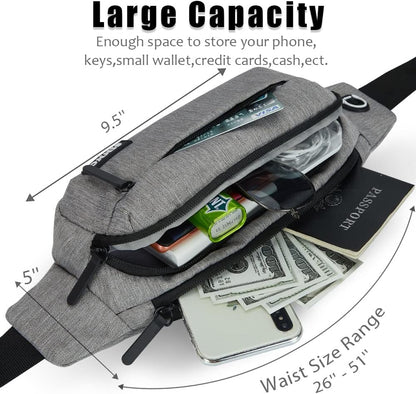 Large Crossbody Fanny Pack for Women Men Belt Bag with 4-Zipper Pockets for Travel Running Hiking Workout Dog Walking Outdoors Sport Fishing Waist Pack Bag Carrying All Phones