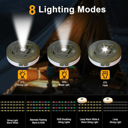 Camping Lights String,4 in 1 Outdoor String Lights,Outdoor Waterproof Portable Stowable String Light,Solar Power and USB Charging String Lights for Camping Yardholiday Decorations